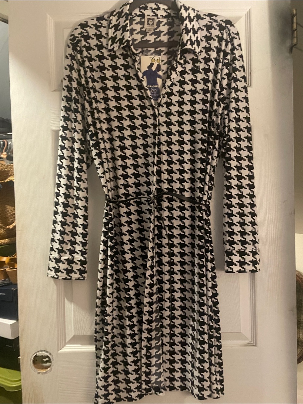 Anne Klein Black and White Houndstooth Long Sleeve Shirt Dress